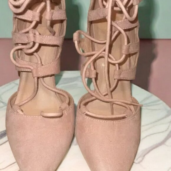 Blush Pink Lace-Up Stiletto Heels - Picture 1 of 7